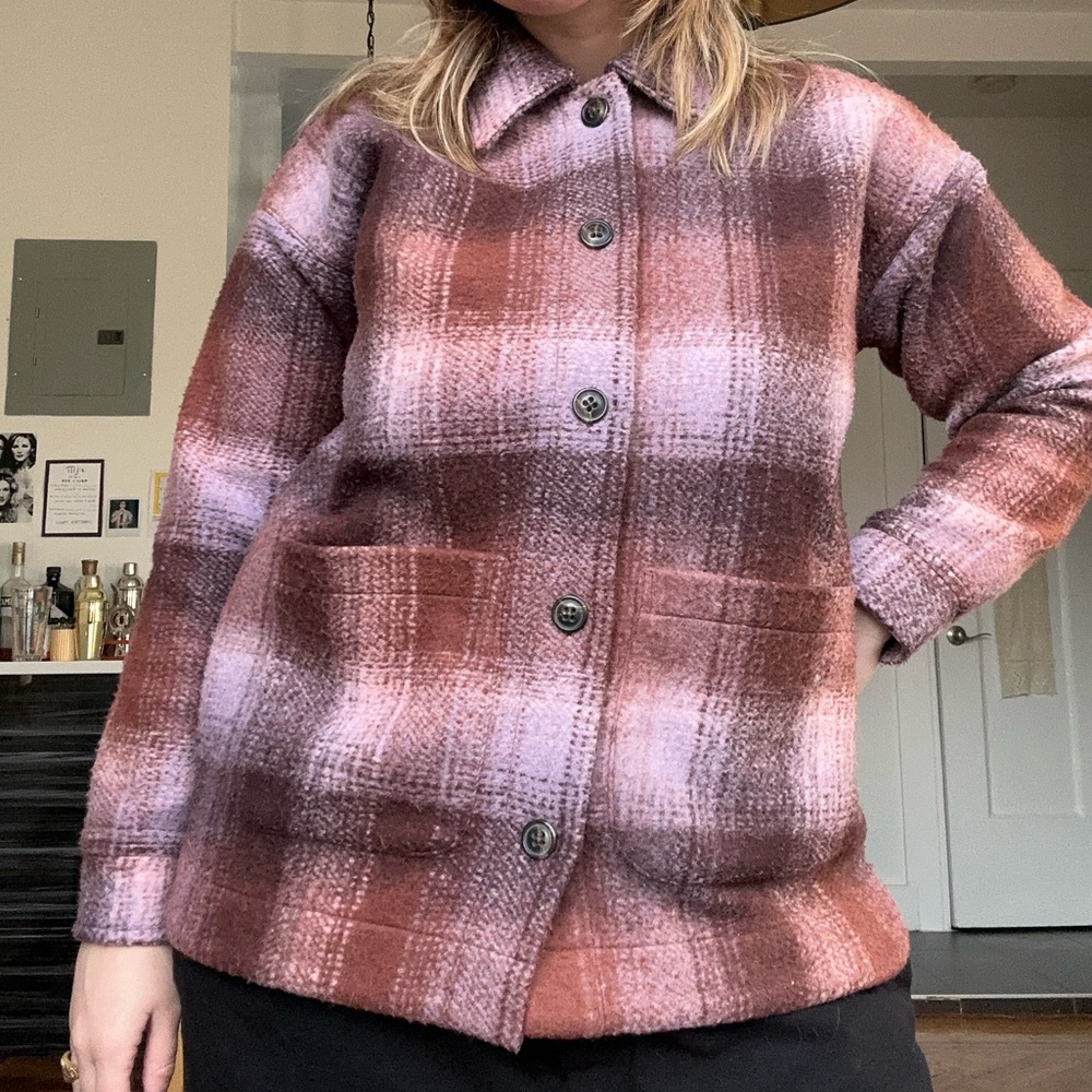 Madewell women’s xs plaid shirt jacket purple pink and brown baggy oversized fit
